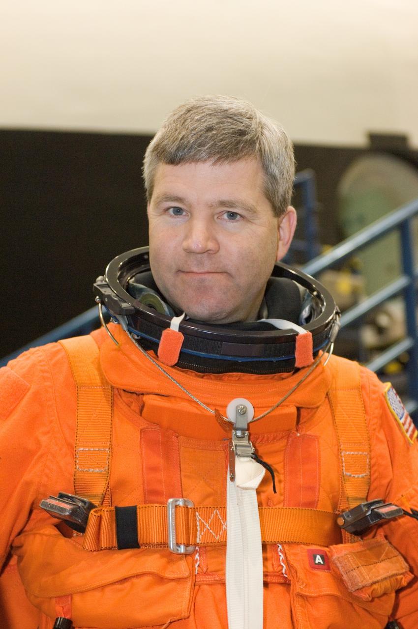 JSC2008-E-006636 (23 Jan. 2008) --- Astronaut Steve Frick, STS-122 commander, awaits the start of a training session in the Space Vehicle Mockup Facility at the Johnson Space Center. Frick is wearing a training version of his shuttle launch and entry suit.