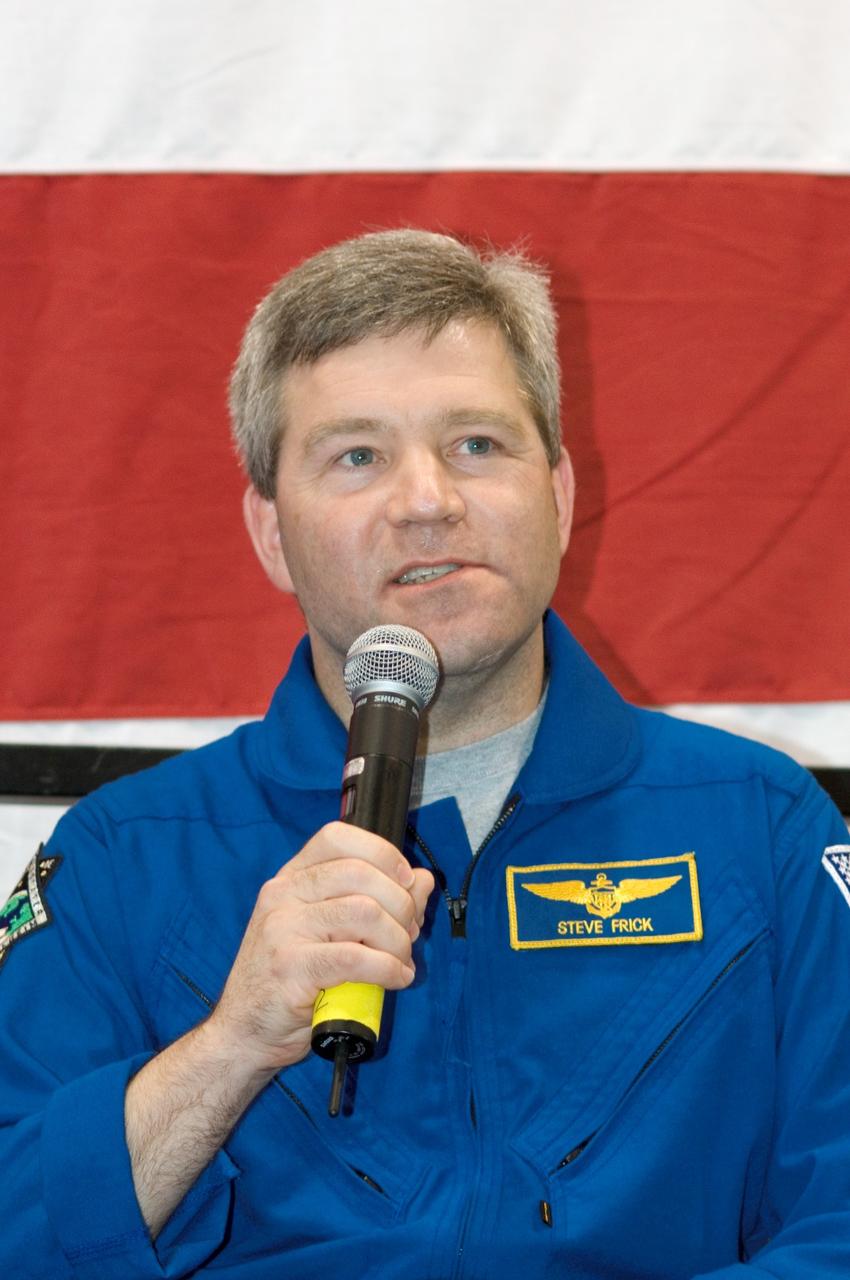 JSC2008-E-014966 (21 Feb. 2008) --- Astronaut Steve Frick, STS-122 commander, is pictured at the STS-122 crew return ceremony on Thursday, Feb. 21 in Ellington Field's Hangar 276 near Johnson Space Center.