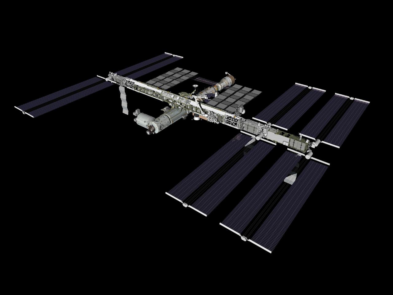 JSC2008-E-026784 (February 2008) --- Computer-generated artist's rendering of the International Space Station as of Feb. 11, 2008. The Columbus laboratory is attached to the starboard side of the Harmony node. Progress 28 remains docked to the Pirs Docking Compartment and Soyuz 15 (TMA-11) is linked to the Zarya nadir port.