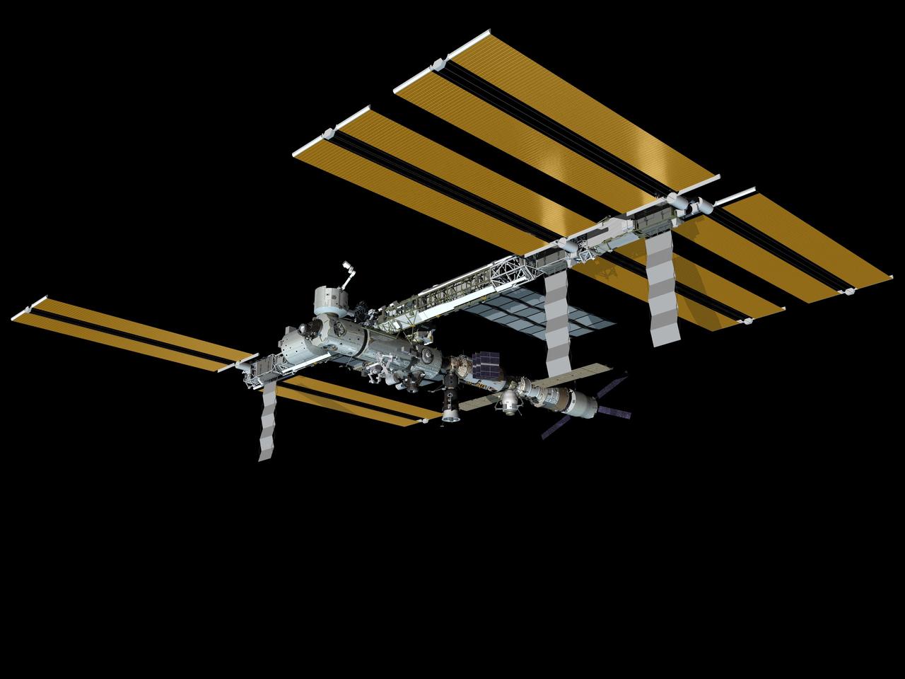 JSC2008-E-032250 (April 2008) --- Computer-generated artist's rendering of the International Space Station as of April 7, 2008. Progress 28 resupply vehicle undocks from the Pirs Docking Compartment. Soyuz 15 (TMA-11) remains linked to the Zarya nadir port and the Jules Verne Automated Transfer Vehicle (ATV-1) docked to the Zvezda Service Module aft port on April 3, 2008.