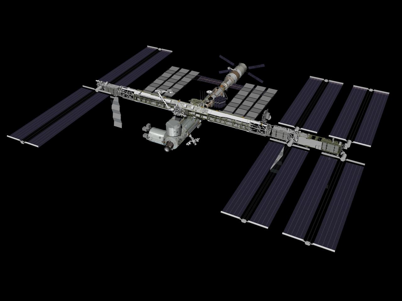 JSC2008-E-032254 (April 2008) --- Computer-generated artist's rendering of the International Space Station as of April 19, 2008. Soyuz 15 (TMA-11) undocks from the Zarya nadir port, returning the Expedition 16 crew and spaceflight participant to Earth. Soyuz 16 (TMA-12) remains docked at the Pirs Docking Compartment and the Jules Verne Automated Transfer Vehicle (ATV-1) is linked to the Zvezda Service Module aft port.