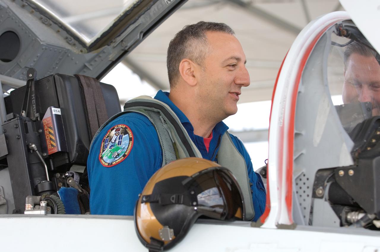 JSC2008-E-035361 (17 April 2008) --- Astronaut Michael J. Massimino, STS-125 mission specialist, photographed in the rear station of a NASA T-38 trainer jet, prepares for a flight at Ellington Field near NASA's Johnson Space Center.