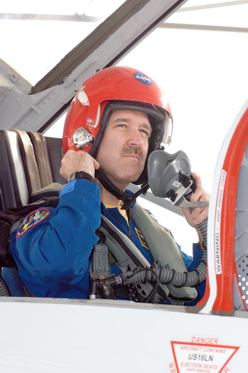 JSC2008-E-035375 (17 April 2008) --- Astronaut John M. Grunsfeld, STS-125 mission specialist, photographed in the rear station of a NASA T-38 trainer jet, prepares for a flight at Ellington Field near NASA's Johnson Space Center.