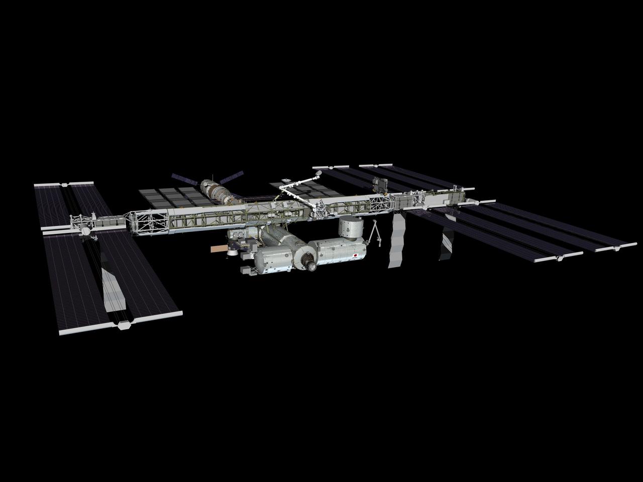 JSC2008-E-038663 (June 2008) --- Computer-generated artist's rendering of the International Space Station after flight STS-124/1J in June 2008. Kibo Japanese Experiment Module Pressurized Module (JEM-PM) and Japanese Remote Manipulator System (JEM-RMS) are installed. The Japanese Logistics Module - Pressurized Section (JLP), which was installed in a temporary location on the Harmony node during STS-123, is moved onto the JEM Pressurized Module. The STS-124 mission is the second of three flights that will launch components to complete the Kibo laboratory.