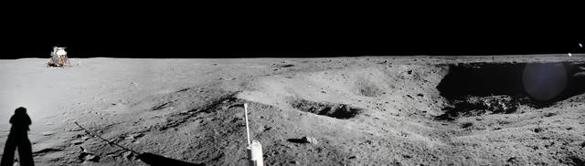 NASA image: jsc2008e040725 - Panorama view of Apollo 11 Lunar surface photos taken by Astronaut Neil Armstrong at Tranquility Base of a crater Armstrong noted during the Lunar Module descent. The panoramas were built by combining Apollo 11 images starting with frame A