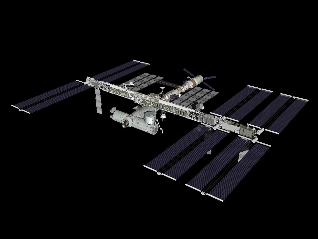 JSC2008-E-045661 (June 2008) --- Computer-generated artist's rendering of the International Space Station following scheduled activities of June 6, 2008 during the STS-124/1J mission. The Kibo Japanese Pressurized Module (JPM) and the Japanese Remote Manipulator System (JRMS) are attached to the port side of the Harmony node. The Japanese Logistics Module - Pressurized Section (JLP) is relocated to the top of the JPM. Soyuz 16 (TMA-12) is docked at the Pirs Docking Compartment. Progress 29 remains linked to the Zarya nadir port and ATV-1 is attached to the Zvezda Service Module aft port.