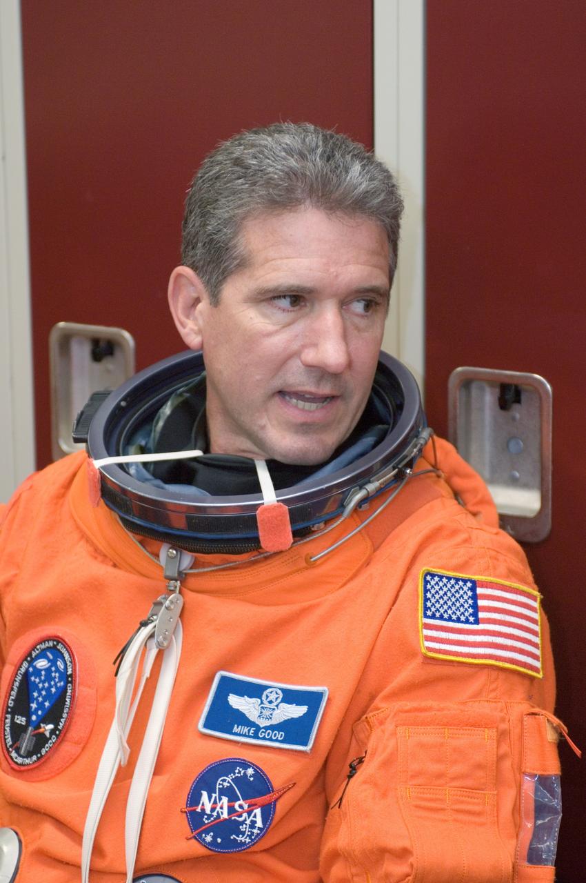 JSC2008-E-047954 (4 June 2008) --- Attired in a training version of his shuttle launch and entry suit, astronaut Michael T. Good, STS-125 mission specialist, awaits the start of a training session in the Space Vehicle Mockup Facility at NASA's Johnson Space Center.