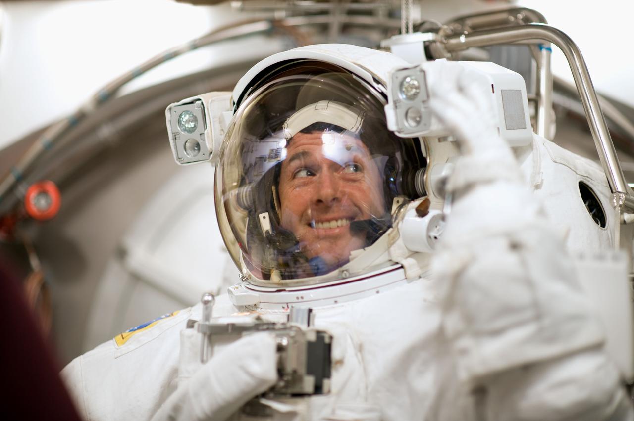 JSC2008-E-050230 (8 July 2008) --- Astronaut Robert S. (Shane) Kimbrough, STS-126 mission specialist, participates in an Extravehicular Mobility Unit (EMU) spacesuit fit check in the Space Station Airlock Test Article (SSATA) in the Crew Systems Laboratory at NASA's Johnson Space Center.