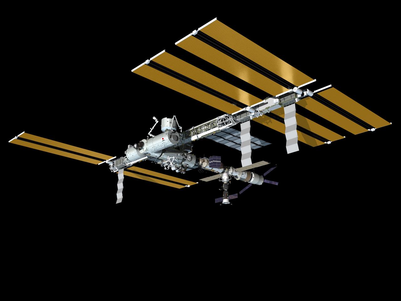 JSC2008-E-118393 (September 2008) --- Computer-generated artist's rendering of the International Space Station as of Sept. 1, 2008. Soyuz 16 (TMA-12) is docked to the Pirs Docking Compartment and the Jules Verne Automated Transfer Vehicle (ATV-1) remains linked to the Zvezda Service Module aft port.