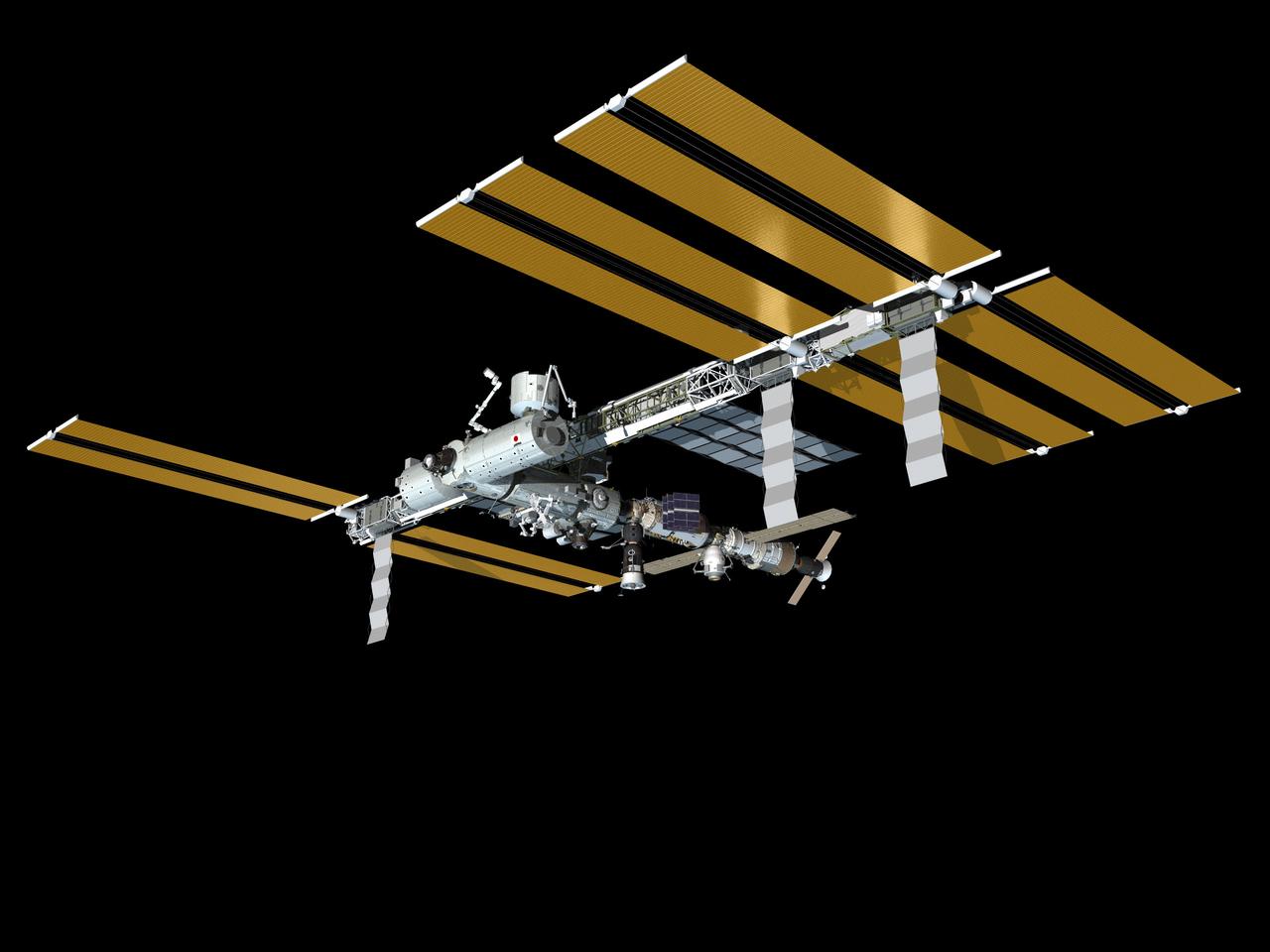 JSC2008-E-122556 (October 2008) --- Computer-generated artist's rendering of the International Space Station as of Oct. 24, 2008. Soyuz 16 (TMA-12) undocks from the Pirs Docking Compartment returning the Expedition 17 crew and spaceflight participant to Earth. Soyuz 17 (TMA-13) is linked to the Zarya nadir port and Progress 30 resupply vehicle remains docked to the Zvezda Service Module aft port.