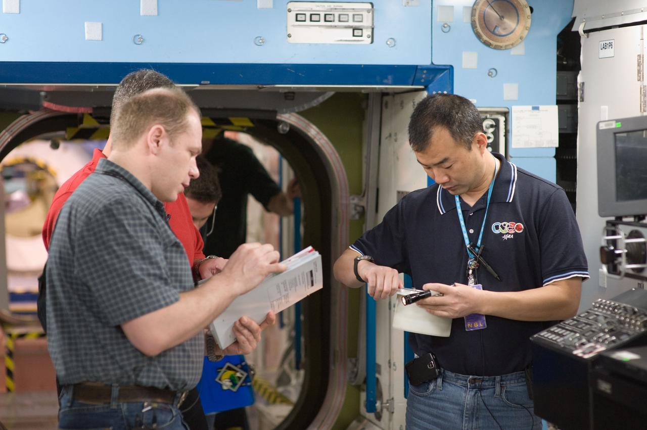 JSC2009-E-053497 (6 March 2009) --- Cosmonaut Oleg Kotov (left), Expedition 22 flight engineer and Expedition 23 commander; along with Japan Aerospace Exploration Agency (JAXA) astronaut Soichi Noguchi (right) and NASA astronaut T.J. Creamer (partially obscured), both Expedition 22/23 flight engineers, participate in an emergency procedure training session in an International Space Station mock-up/trainer in the Space Vehicle Mock-up Facility at NASA?s Johnson Space Center.