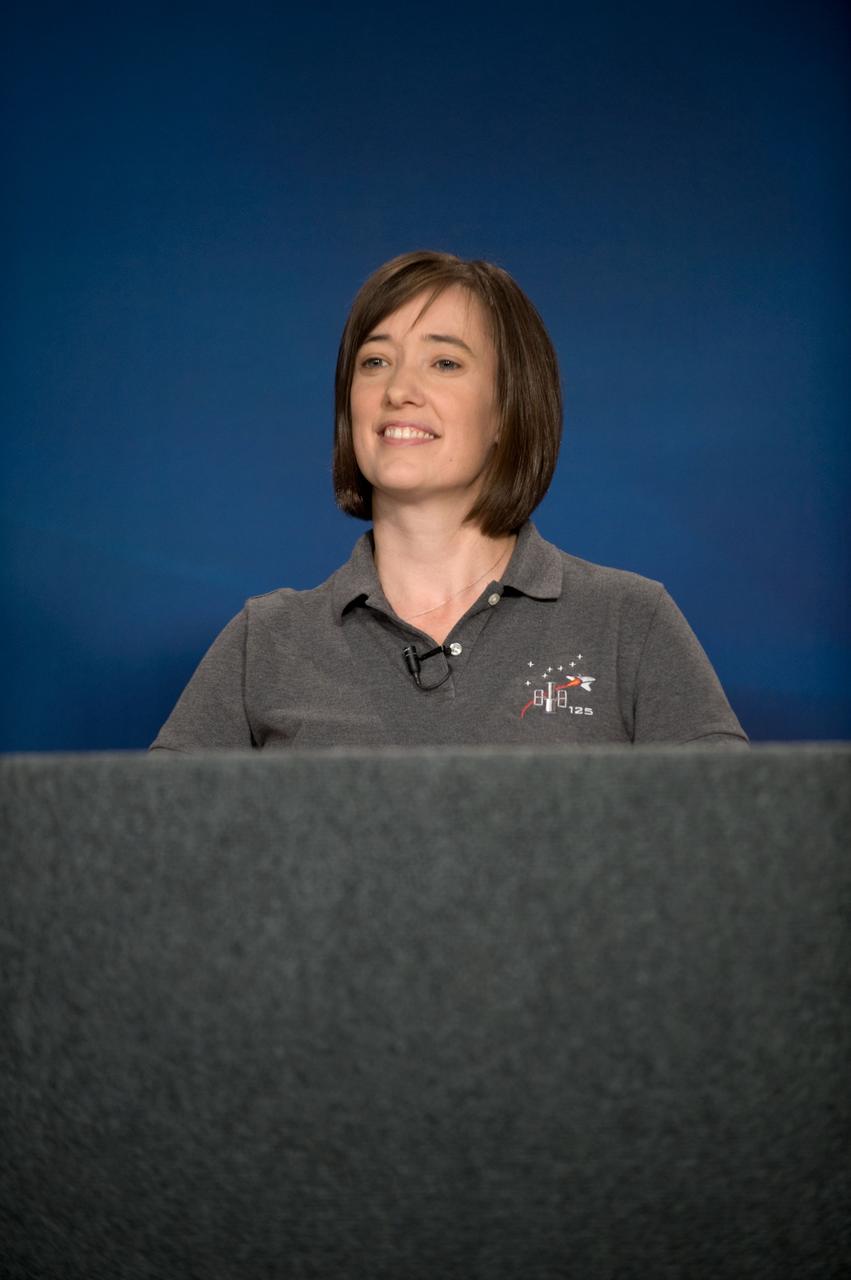 JSC2009-E-087197 (23 April 2009) --- Astronaut Megan McArthur, STS-125 mission specialist, fields a question from a reporter during a STS-125 preflight press briefing at NASA's Johnson Space Center.