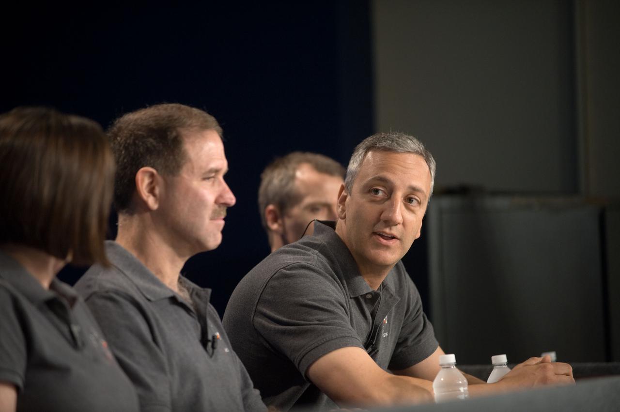 JSC2009-E-087203 (23 April 2009) --- Astronauts Megan McArthur, John Grunsfeld (second left), Mike Massimino and Andrew Feustel, all STS-125 mission specialists, are pictured during a STS-125 preflight press briefing at NASA's Johnson Space Center.