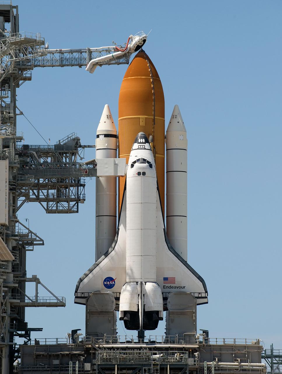 The space shuttle Endeavour is seen at launch pad 39A at NASA's Kennedy Space Center in Cape Canaveral, Florida on Saturday, July 11, 2009. NASA is hopeful that Endeavour will launch with the crew of STS-127 on Sunday. Photo Credit: (NASA/Bill Ingalls)