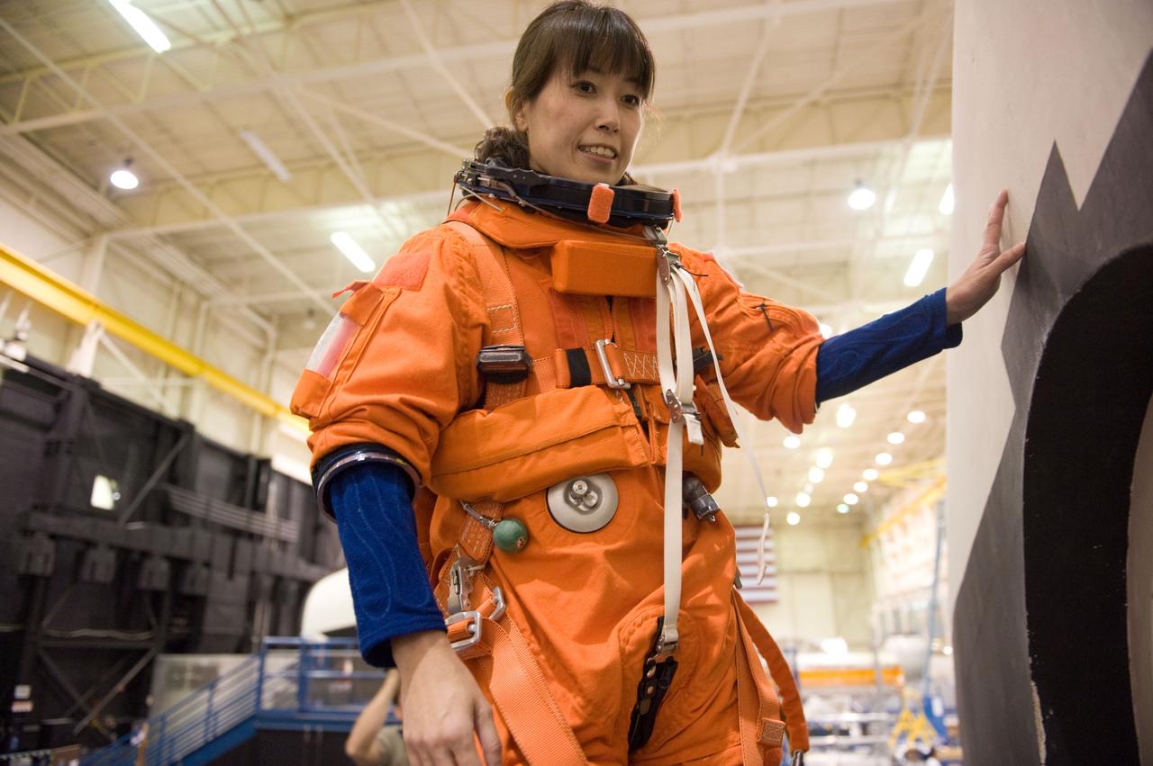 JSC2009-E-208029 (14 Sept. 2009) --- Japan Aerospace Exploration Agency (JAXA) astronaut Naoko Yamazaki, STS-131 mission specialist, attired in a training version of her shuttle launch and entry suit, participates in a training session near one of the full-scale trainers in the Space Vehicle Mock-up Facility at NASA's Johnson Space Center.