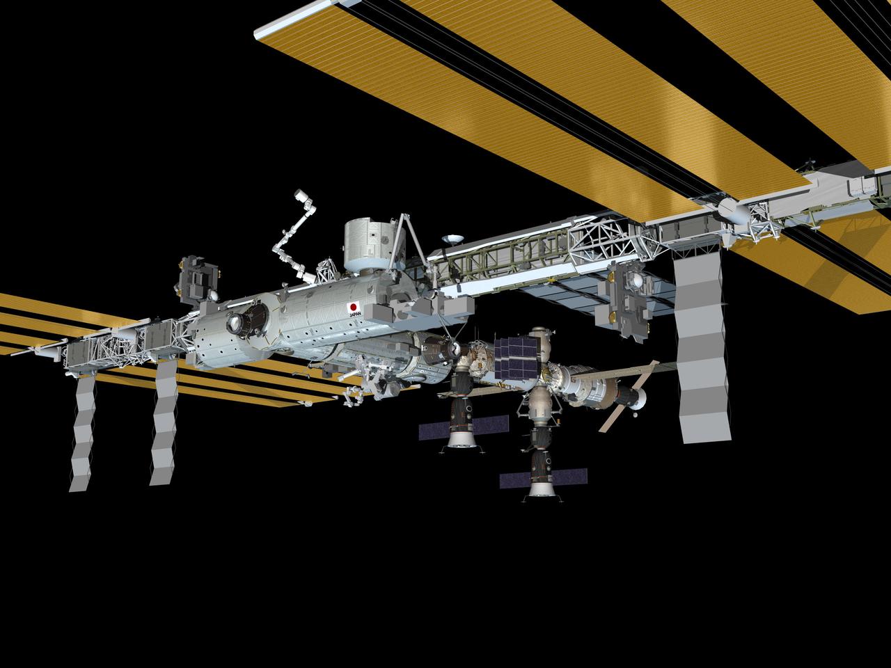 JSC2009-E-224040 (November 2009) --- Computer-generated artist?s rendering of the International Space Station as of November 2009, after the STS-129/ULF3 installation of the ExPRESS Logistic Carrier 1 (port nadir) and ExPRESS Logistic Carrier 2 (starboard zenith) on the central truss. The Russian Mini-Research Module 2 (MRM2) docks to the Zvezda Service Module?s zenith port as of Nov. 12.