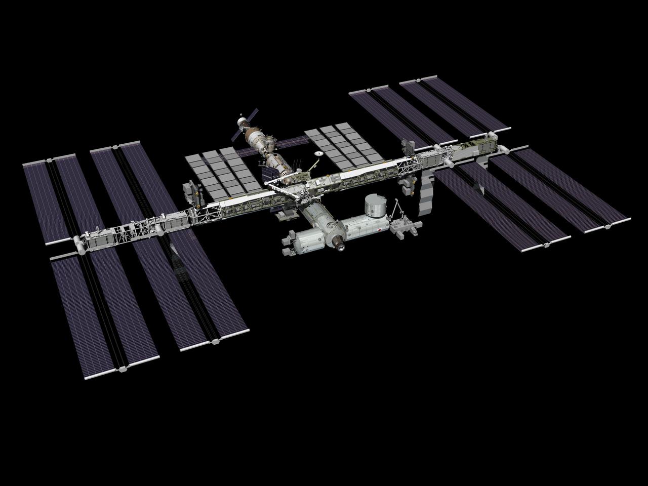 JSC2009-E-224041 (November 2009) --- Computer-generated artist?s rendering of the International Space Station as of November 2009, after the STS-129/ULF3 installation of the ExPRESS Logistic Carrier 1 (port nadir) and ExPRESS Logistic Carrier 2 (starboard zenith) on the central truss. The Russian Mini-Research Module 2 (MRM2) docks to the Zvezda Service Module?s zenith port as of Nov. 12.