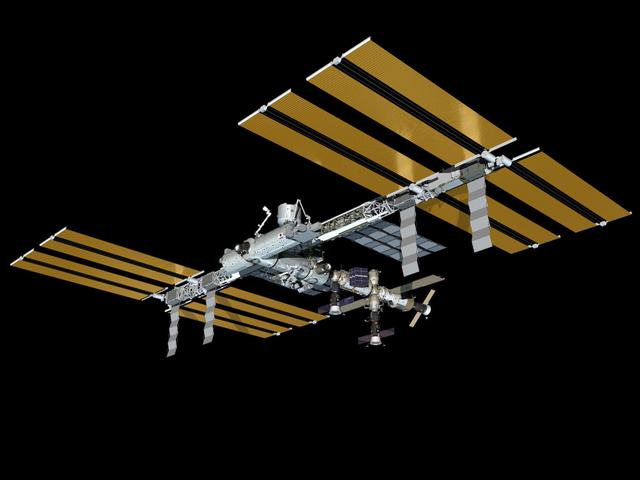 JSC2009-E-228627 (November 2009) --- Computer-generated artist?s rendering of the International Space Station as of Nov. 12, 2009. The Russian Mini-Research Module 2 (MRM2) docks to the Zvezda Service Module?s zenith port. Progress 35 resupply vehicle is docked to the Pirs Docking Compartment. Soyuz 19 (TMA-15) remains linked to the Zarya nadir port and Soyuz 20 (TMA-16) remains docked to the Zvezda Service Module?s aft port.