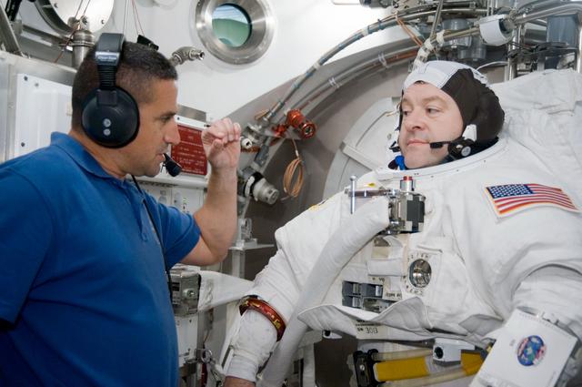 NASA image: STS-130 astronaut Nick Patrick during dry run for SSATA Crew Training and EMU Verification for STS-130. 