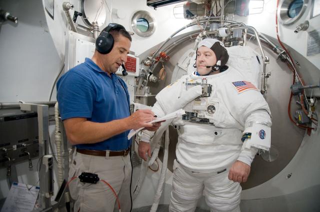 NASA image: STS-130 astronaut Nick Patrick during dry run for SSATA Crew Training and EMU Verification for STS-130. 