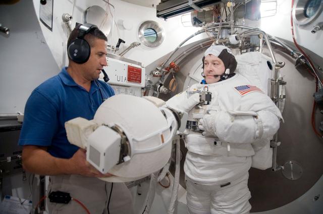 NASA image: STS-130 astronaut Nick Patrick during dry run for SSATA Crew Training and EMU Verification for STS-130. 