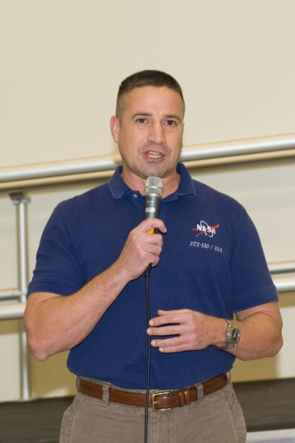 JSC2009-E-246184 (2 Dec. 2009) --- Astronaut George Zamka, STS-130 commander, speaks to a crowd during a cake-cutting ceremony in the Jake Garn Simulation and Training Facility at NASA's Johnson Space Center.