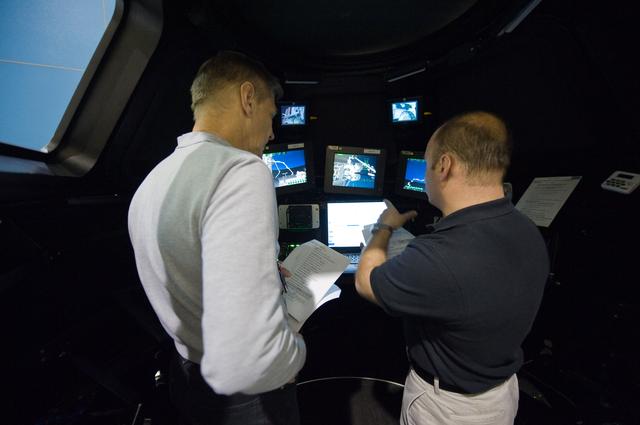 NASA image: STS-132 crew during their PDRS N-TSK MRM training in the building 16 cupola trainer. 
