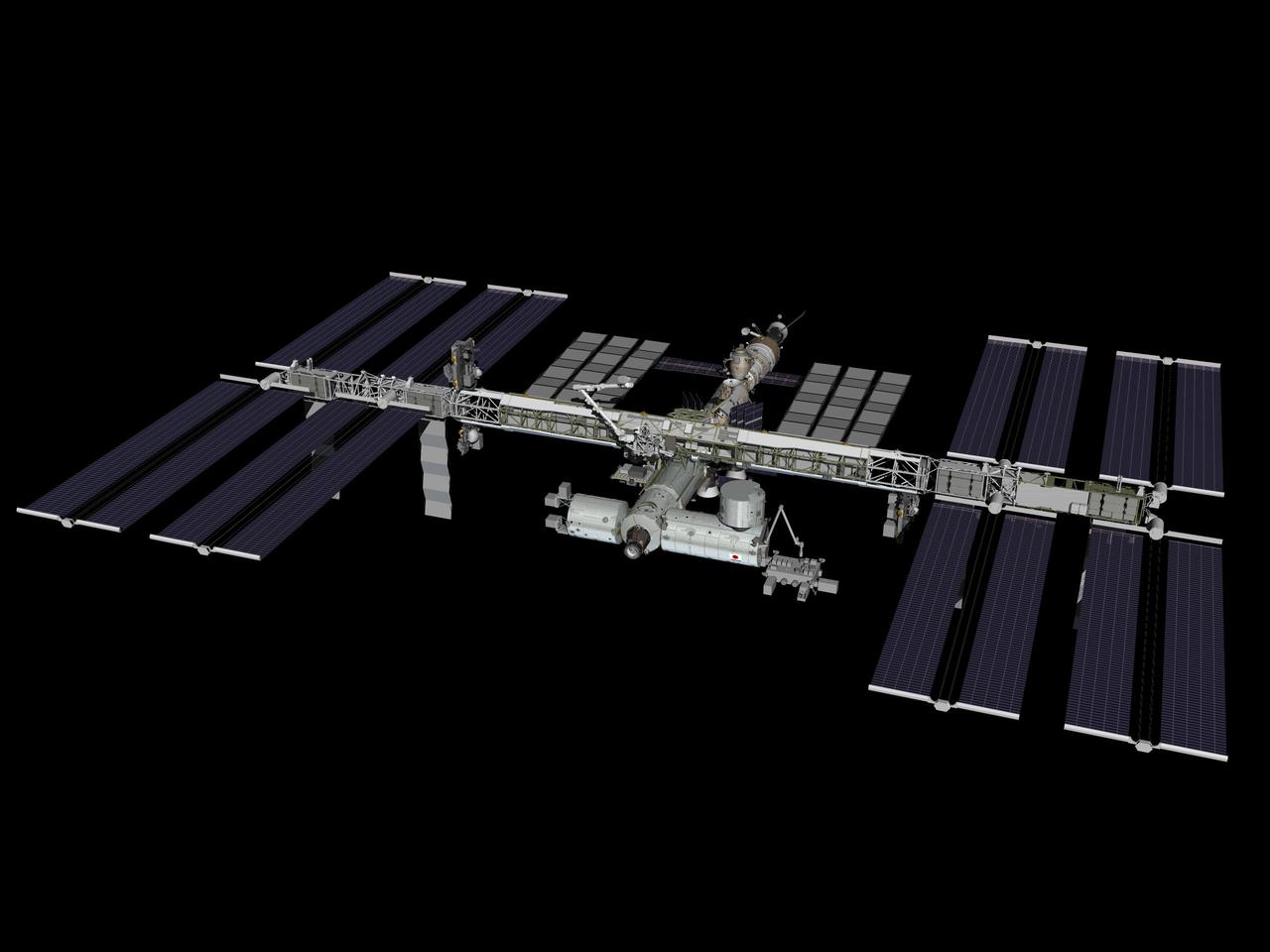 JSC2010-E-008591 (January 2010) --- Computer-generated artist?s rendering of the International Space Station as of Jan. 11, 2010. Over a two-day robotic operation, External Stowage Platform 3 (ESP-3) is relocated from the P3 truss upper site to the S3 truss lower site. Soyuz 21 (TMA-17) is docked to the Zarya nadir port. Progress 35 resupply vehicle is linked to the Pirs Docking Compartment and Soyuz 20 (TMA-16) remains docked to the Zvezda Service Module?s aft port.