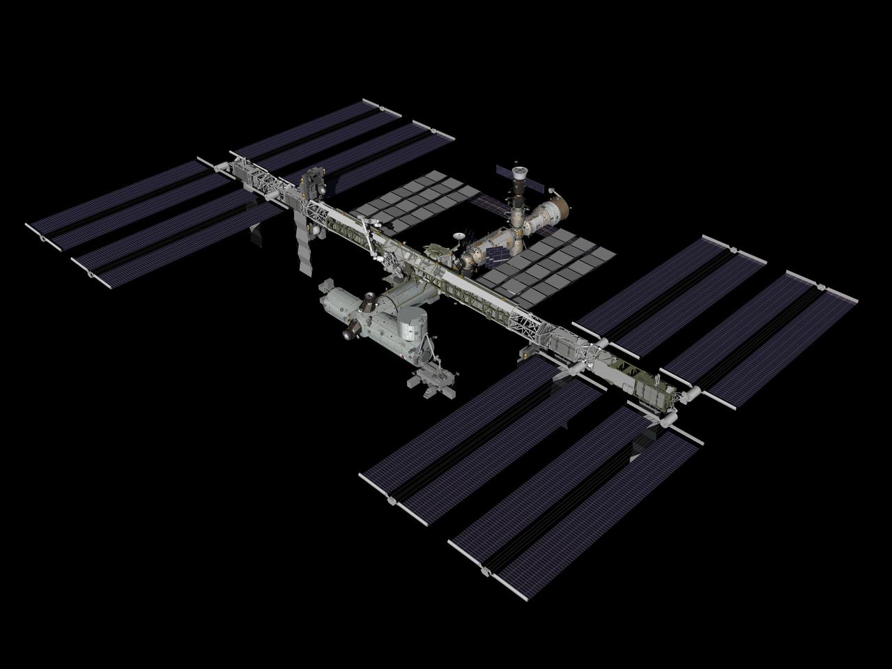 JSC2010-E-008593 (January 2010) --- Computer-generated artist?s rendering of the International Space Station as of Jan. 23, 2010. Pressurized Mating Adapter 3 (PMA-3) is relocated from the Unity node port to the Harmony node zenith port to allow for the arrival of the Tranquility module (Node 3). Soyuz 20 (TMA-16) is docked to the Poisk Mini-Research Module 2 (MRM2). Soyuz 21 (TMA-17) is linked to the Zarya nadir port and Progress 35 resupply vehicle remains docked to the Pirs Docking Compartment.