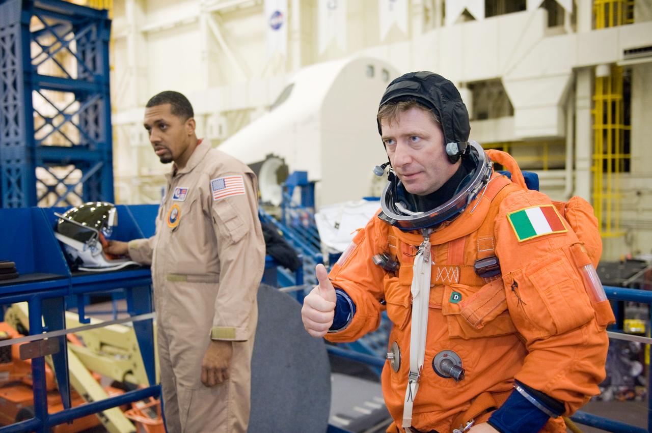 JSC2010-E-018601 (3 Feb. 2010) --- European Space Agency astronaut Roberto Vittori, STS-134 mission specialist, attired in a training version of his shuttle launch and entry suit, is pictured during a Full Fuselage Trainer (FFT) mock-up training session in the Space Vehicle Mock-up Facility at NASA's Johnson Space Center.