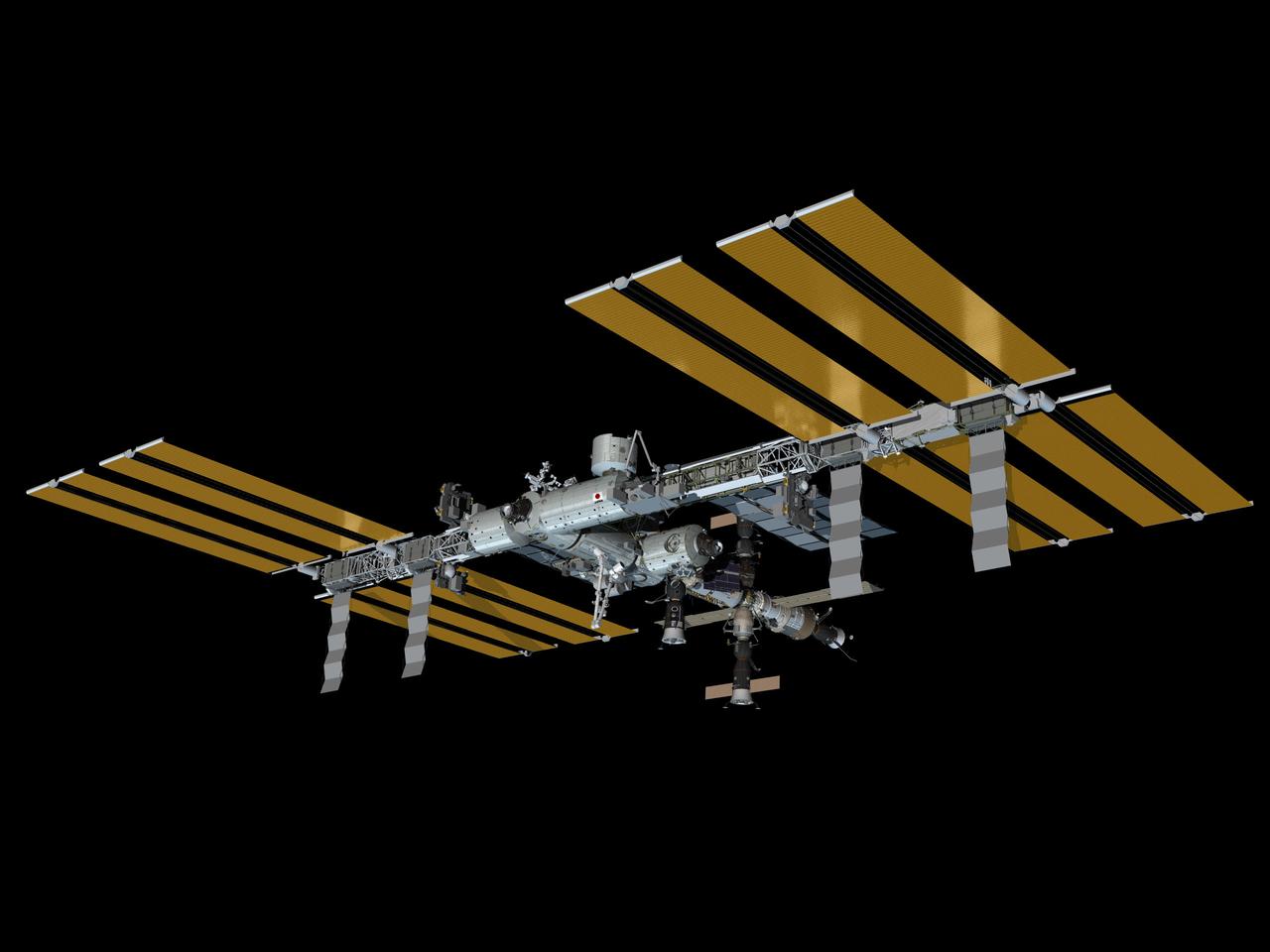 JSC2010-E-020633 (February 2010) --- Computer-generated artist?s rendering of the International Space Station as of Feb. 20, 2010, after the STS-130/20A installation of the Tranquility module, with its Cupola, to the Unity node?s port side. Soyuz 20 (TMA-16) is docked to the Poisk Mini-Research Module 2 (MRM2). Soyuz 21 (TMA-17) is linked to the Zarya nadir port. Progress 35 resupply vehicle remains docked to the Pirs Docking Compartment and Progress 36 is linked to the Zvezda Service Module?s aft port.