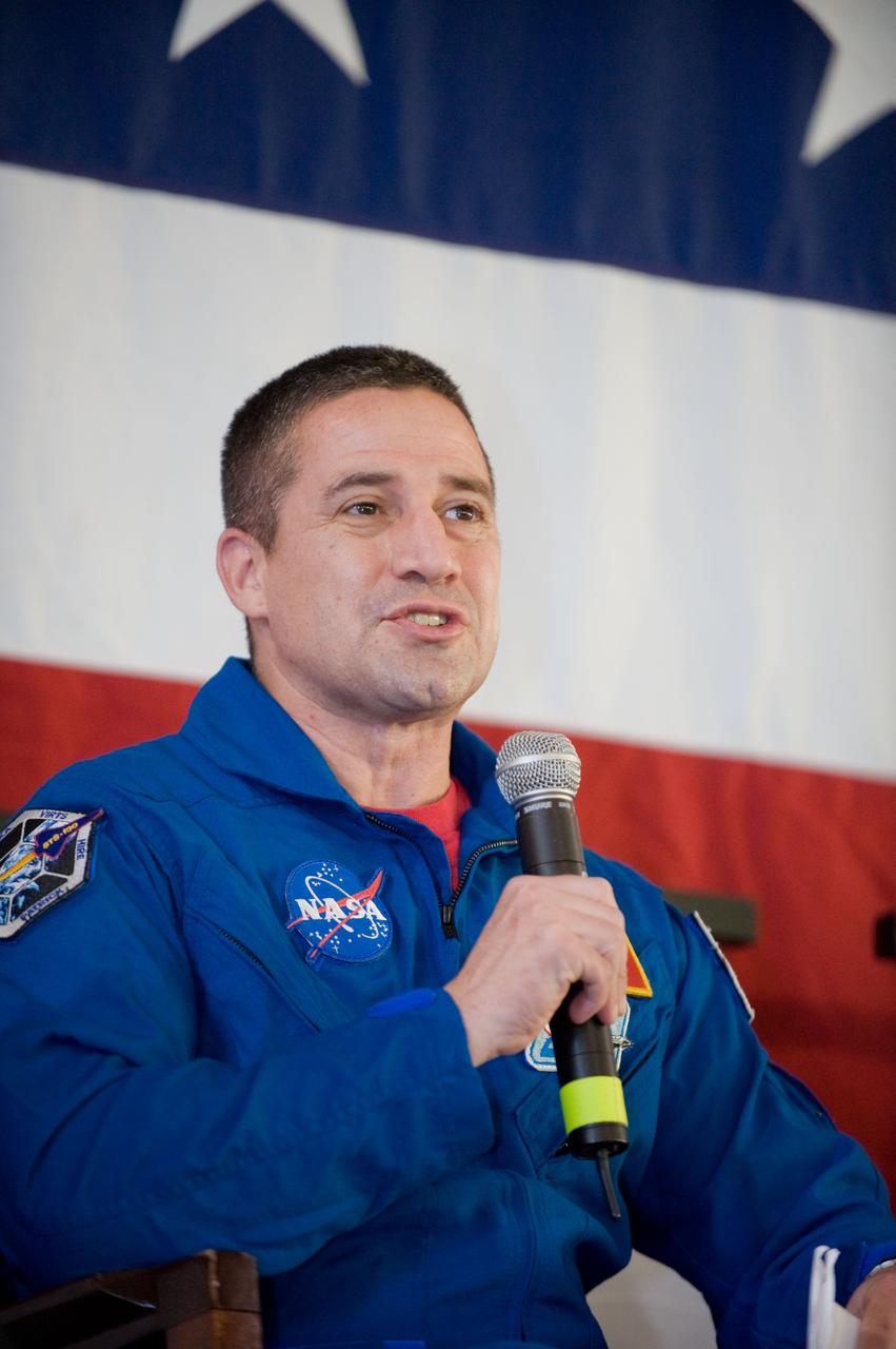 JSC2010-E-025785 (22 Feb. 2010) --- NASA astronaut George Zamka, STS-130 commander, addresses a large crowd of well-wishers at the STS-130 crew return ceremony on Feb. 22, 2010 at Ellington Field near NASA?s Johnson Space Center.