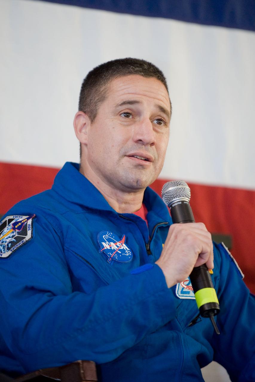 JSC2010-E-025788 (22 Feb. 2010) --- NASA astronaut George Zamka, STS-130 commander, addresses a large crowd of well-wishers at the STS-130 crew return ceremony on Feb. 22, 2010 at Ellington Field near NASA?s Johnson Space Center.