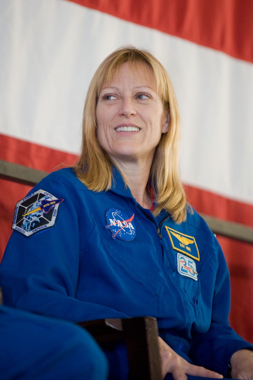 JSC2010-E-025789 (22 Feb. 2010) --- NASA astronaut Kathryn Hire, STS-130 mission specialist, is pictured at the STS-130 crew return ceremony on Feb. 22, 2010 at Ellington Field near NASA?s Johnson Space Center.