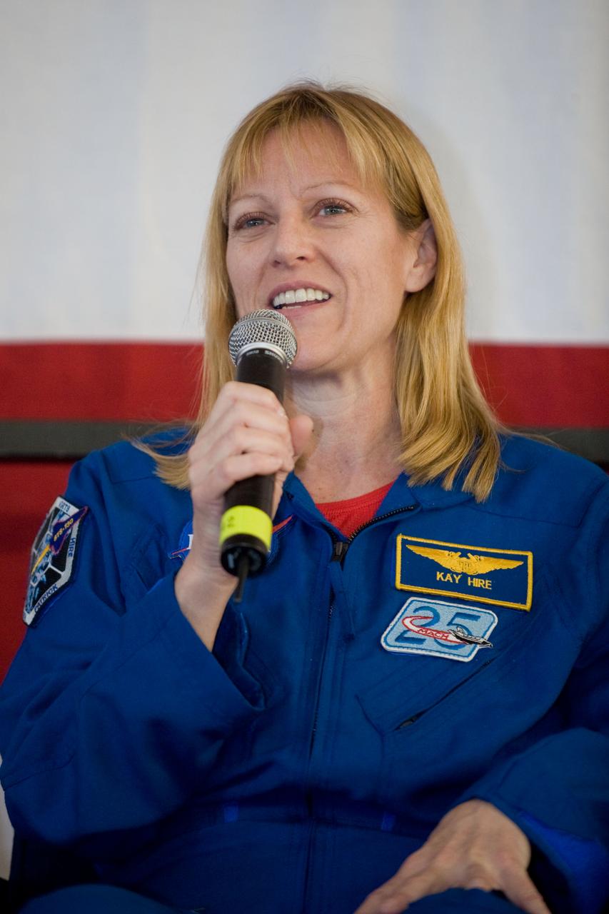 JSC2010-E-025793 (22 Feb. 2010) --- NASA astronaut Kathryn Hire, STS-130 mission specialist, addresses a large crowd of well-wishers at the STS-130 crew return ceremony on Feb. 22, 2010 at Ellington Field near NASA?s Johnson Space Center.