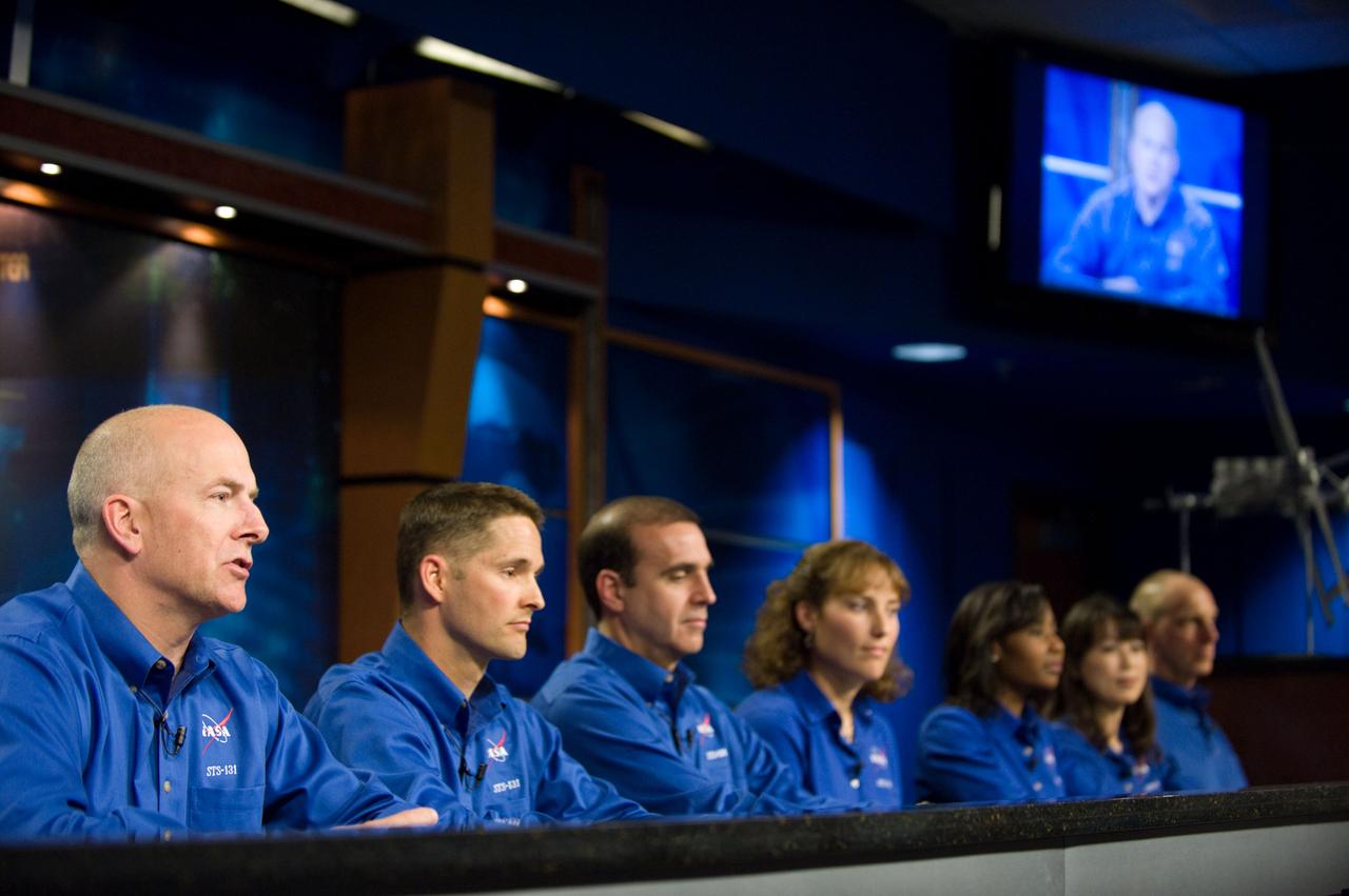 JSC2010-E-038813 (9 March 2010) --- STS-131 crew members are pictured during an STS-131 preflight press conference at NASA's Johnson Space Center. From the left are NASA astronauts Alan Poindexter, commander; James P. Dutton Jr., pilot; Rick Mastracchio, Dorothy Metcalf-Lindenburger, Stephanie Wilson, Japan Aerospace Exploration Agency?s Naoko Yamazaki and NASA astronaut Clayton Anderson, all mission specialists.