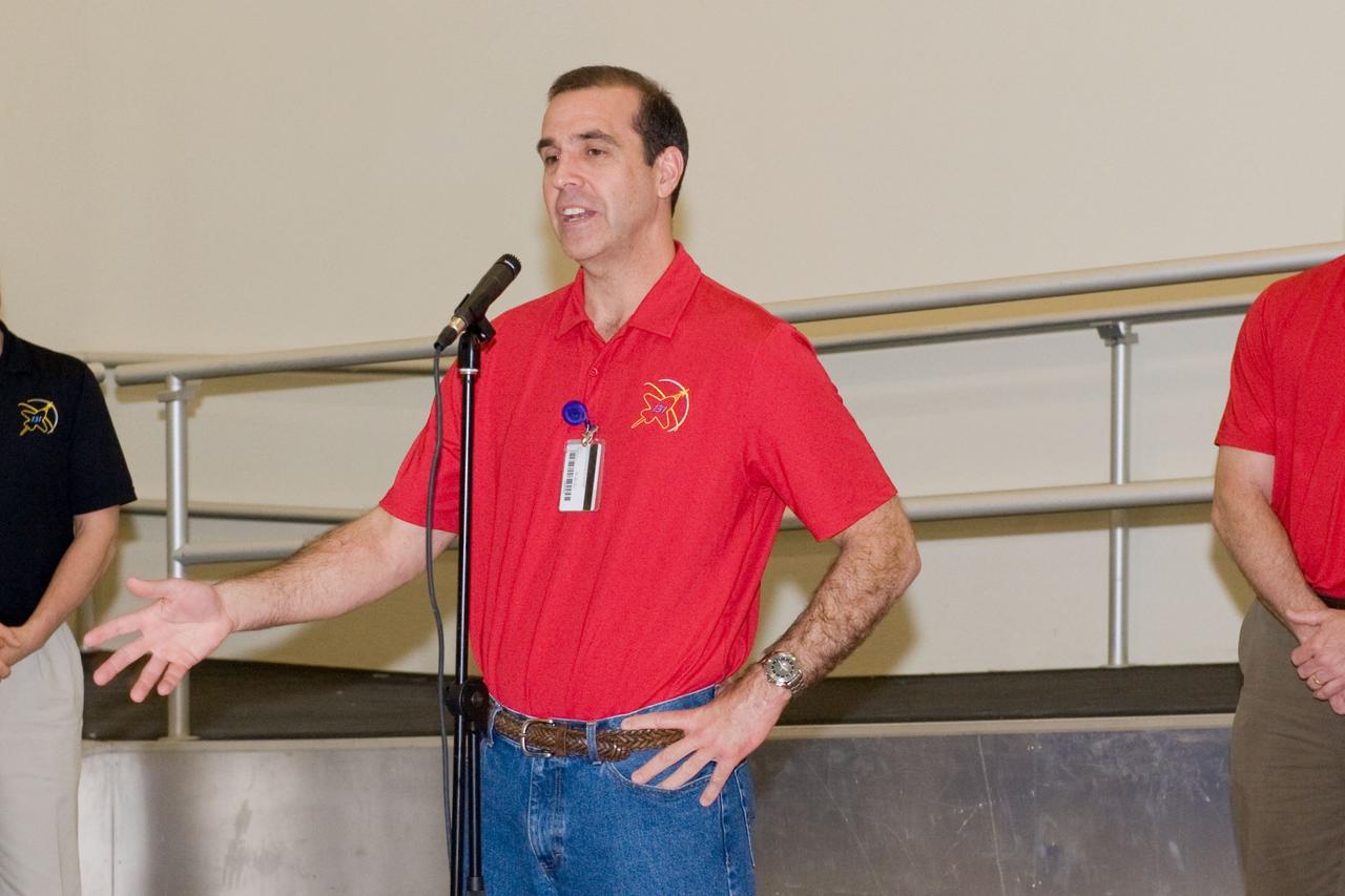 JSC2010-E-039289 (10 March 2010) --- NASA astronaut Rick Mastracchio, STS-131 mission specialist, speaks to a crowd during a cake-cutting ceremony in the Jake Garn Simulation and Training Facility at NASA's Johnson Space Center.