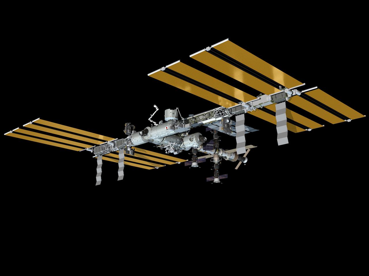 JSC2010-E-045453 (April 2010) --- Computer-generated artist?s rendering of the International Space Station as of April 4, 2010. Soyuz 22 (TMA-18) docks to the Poisk Mini-Research Module 2 (MRM2). Soyuz 21 (TMA-17) is linked to the Zarya nadir port. Progress 35 resupply vehicle remains docked to the Pirs Docking Compartment and Progress 36 is linked to the Zvezda Service Module?s aft port.