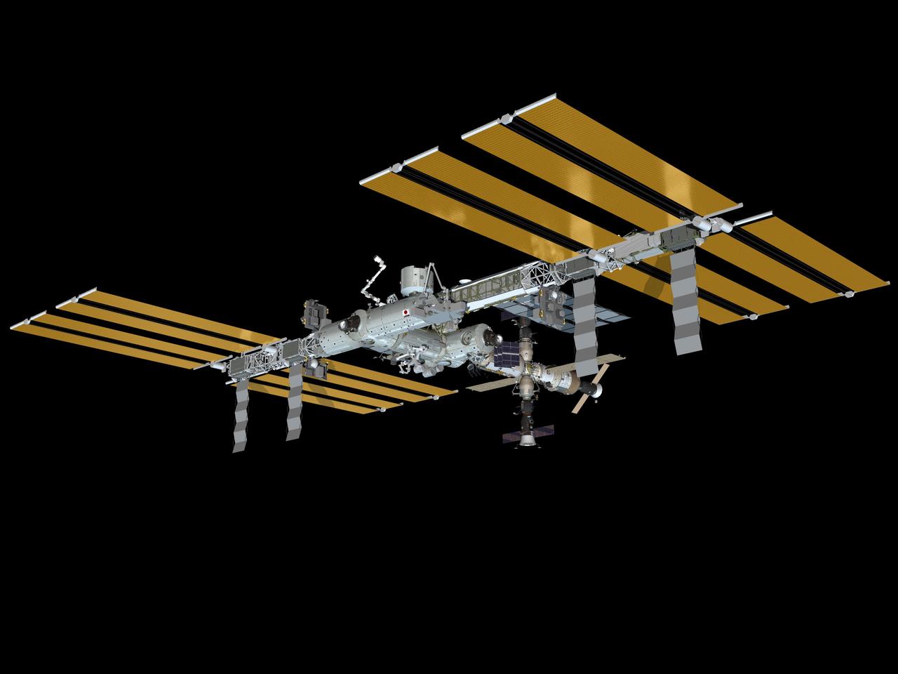 JSC2010-E-052990 (May 2010) --- Computer-generated artist?s rendering of the International Space Station as of May 12, 2010. Soyuz 21 (TMA-17) undocks from to the Zarya nadir port and relocates to the Zvezda Service Module?s aft port. Progress 37 resupply vehicle is linked to the Pirs Docking Compartment and Soyuz 22 (TMA-18) remains docked to the Poisk Mini-Research Module 2 (MRM2).