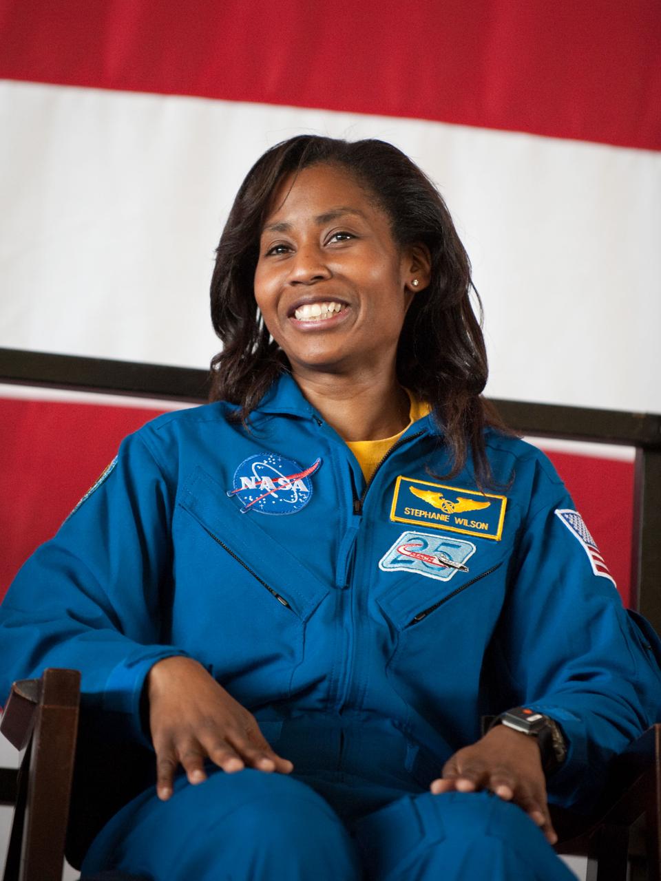 JSC2010-E-055374 (21 April 2010) --- NASA astronaut Stephanie Wilson, STS-131 mission specialist, is pictured during the STS-131 crew return ceremony on April 21, 2010 at Ellington Field near NASA?s Johnson Space Center.