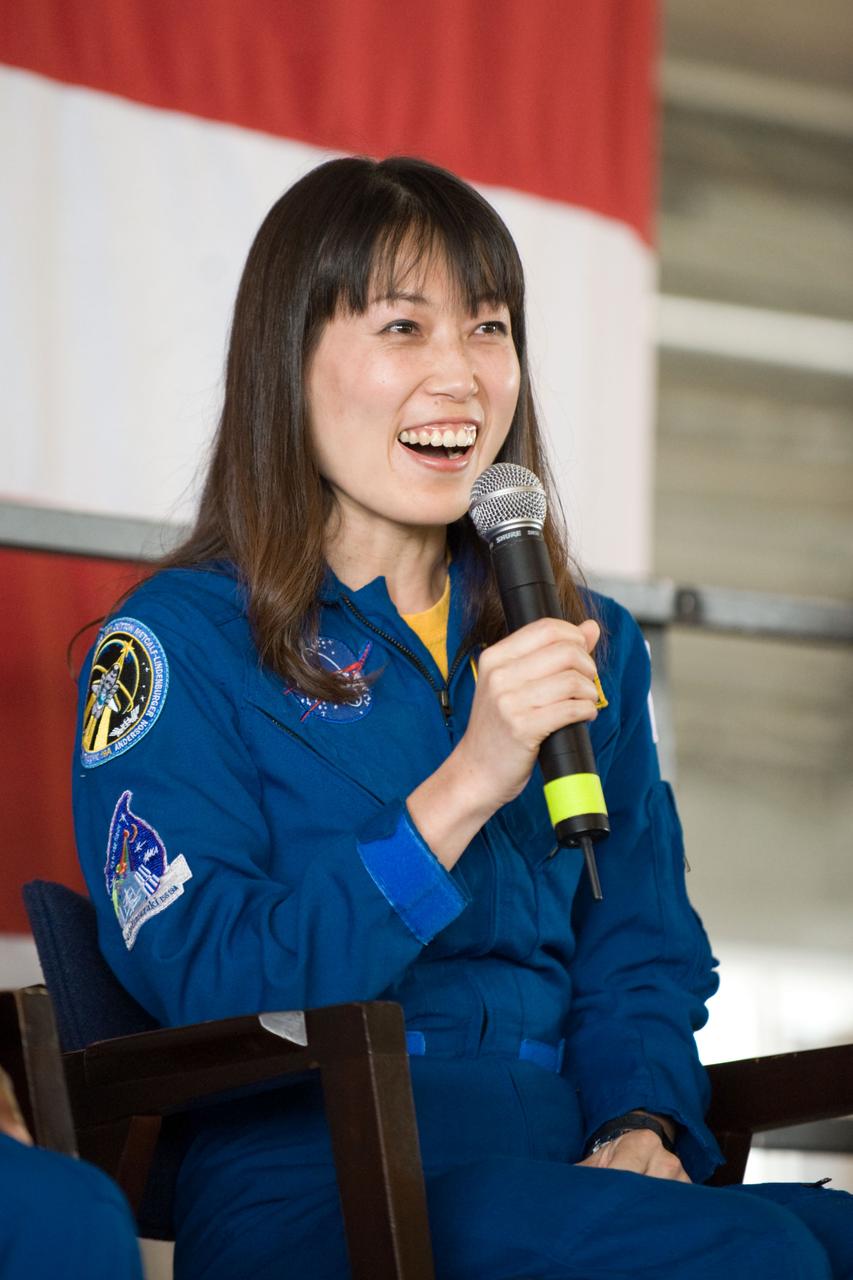 JSC2010-E-055383 (21 April 2010) --- Japan Aerospace Exploration Agency (JAXA) astronaut Naoko Yamazaki, STS-131 mission specialist, addresses a large crowd of well-wishers at the STS-131 crew return ceremony on April 21, 2010 at Ellington Field near NASA?s Johnson Space Center.