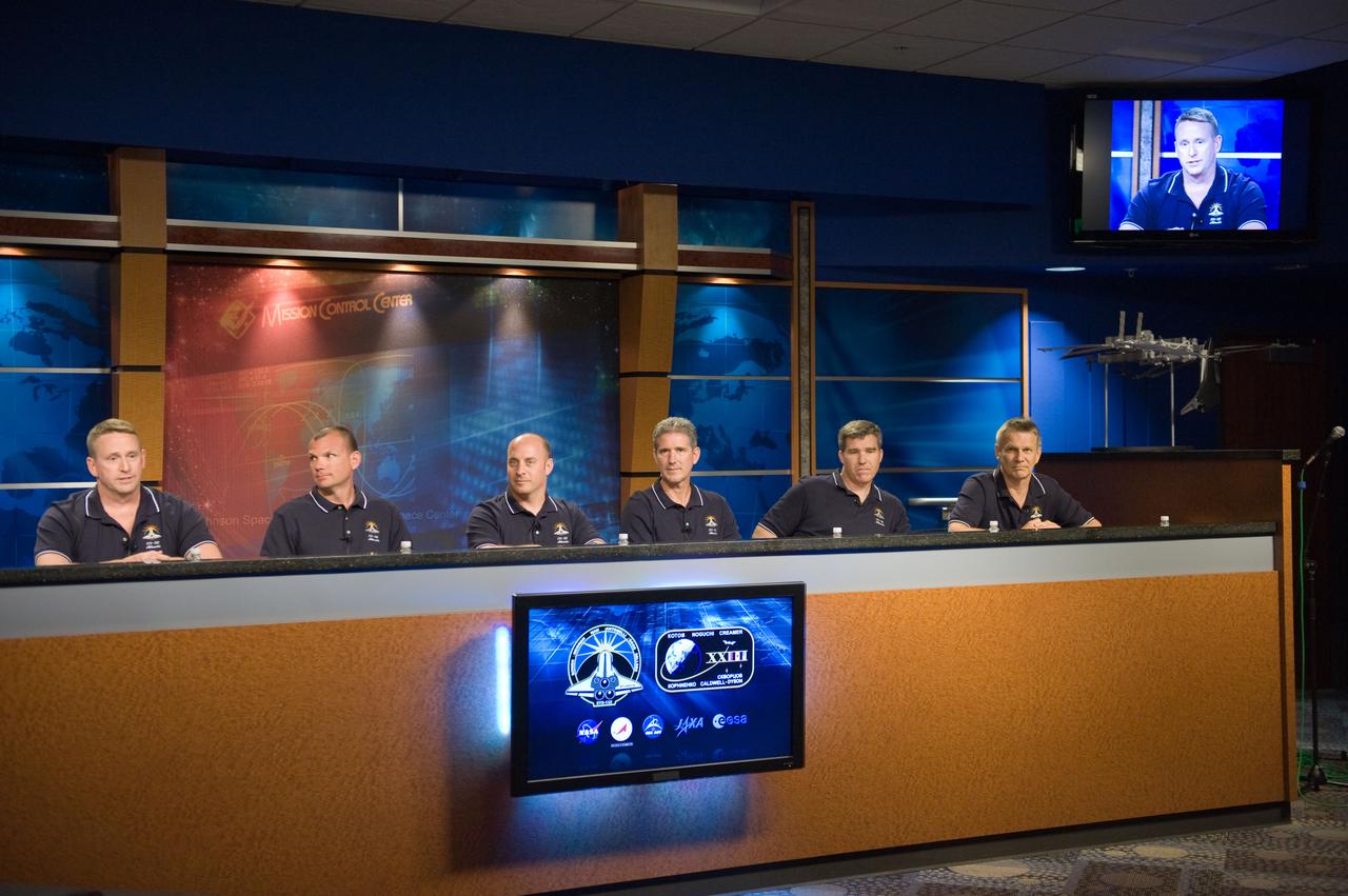 JSC2010-E-063785 (3 May 2010) --- STS-132 crew members are pictured during an STS-132 preflight press conference at NASA's Johnson Space Center. From the left are NASA astronauts Ken Ham, commander; Tony Antonelli, pilot; Garrett Reisman, Mike Good, Steve Bowen and Piers Sellers, all mission specialists.