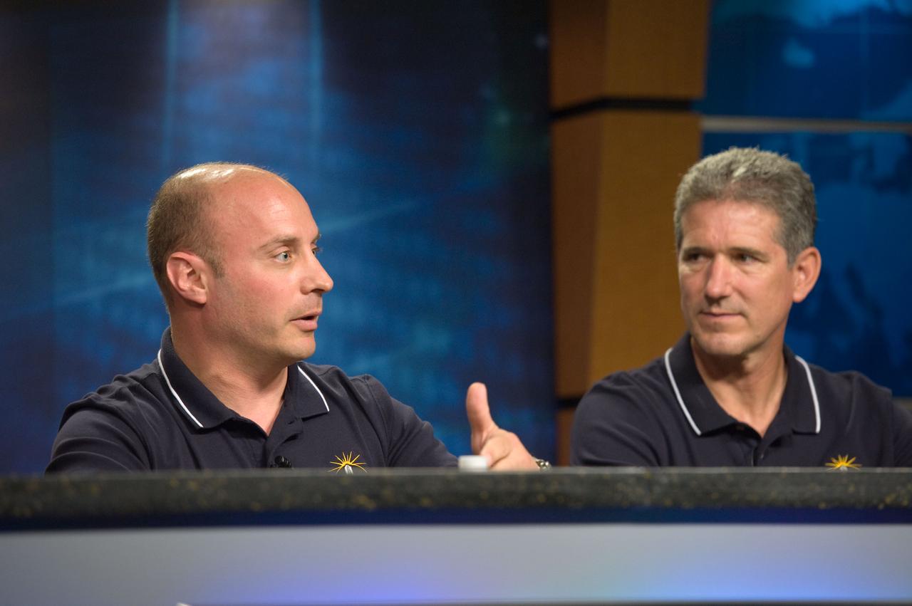 JSC2010-E-063803 (3 May 2010) --- NASA astronauts Garrett Reisman (left) and Mike Good, both STS-132 mission specialists, are pictured during an STS-132 preflight press conference at NASA's Johnson Space Center.