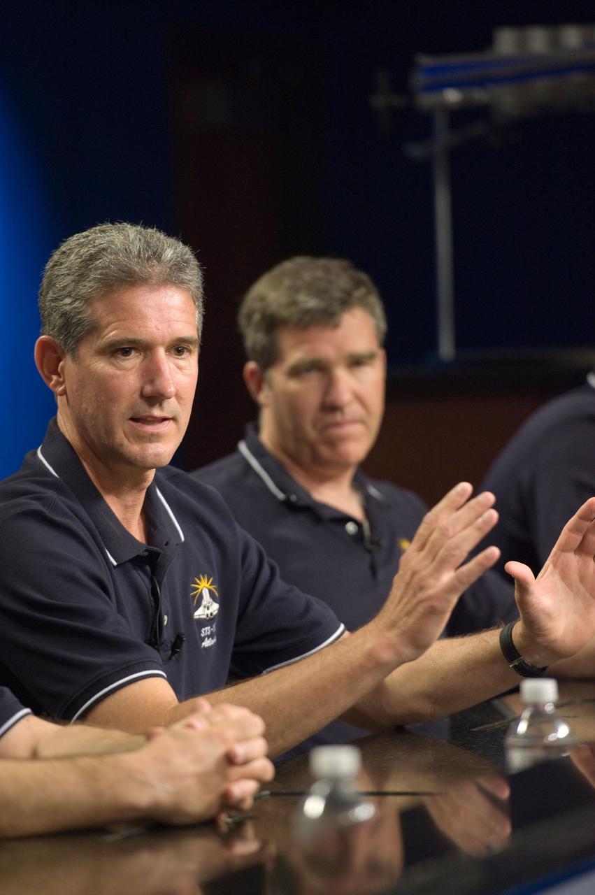 JSC2010-E-063814 (3 May 2010) --- NASA astronaut Mike Good, STS-132 mission specialist, responds to a question from a reporter during an STS-132 preflight press conference at NASA's Johnson Space Center. Astronaut Steve Bowen, mission specialist, is visible in the background.