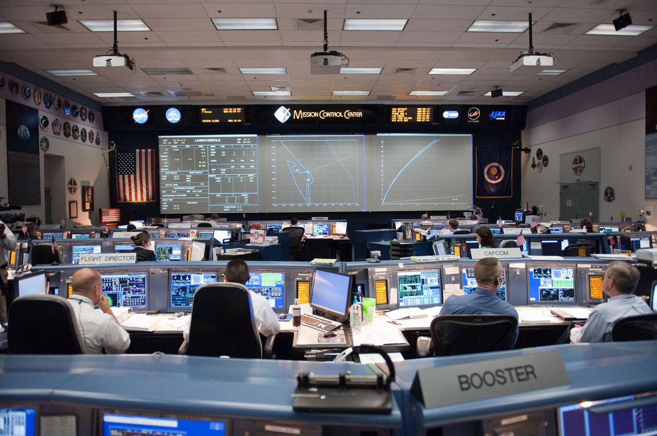 JSC2010-E-080455 (14 May 2010) --- An overall view of the space shuttle flight control room in the Johnson Space Center's Mission Control Center during launch countdown activities a few hundred miles away in Florida, site of space shuttle Atlantis? STS-132 launch. Visible in the foreground (from the left) are flight directors Tony Ceccacci and Richard Jones; along with astronauts Charles Hobaugh and Steve Frick, both spacecraft communicators (CAPCOM). Liftoff was on time at 2:20 p.m. (EDT) on May 14, 2010 from launch pad 39A at NASA's Kennedy Space Center.