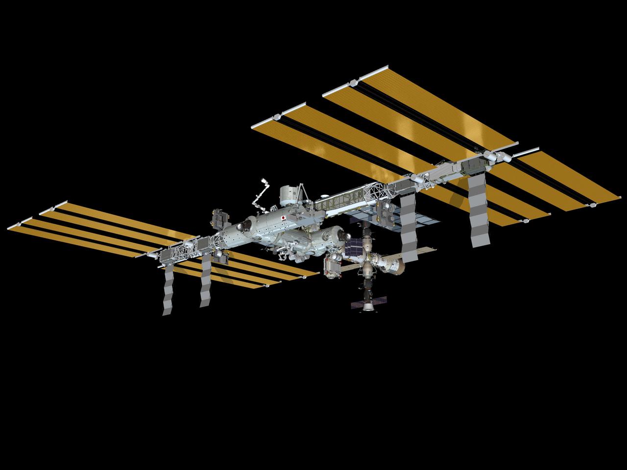 JSC2010-E-086854 (June 2010) --- Computer-generated artist?s rendering of the International Space Station as of June 1, 2010. Soyuz 21 (TMA-17) undocks from the Zvezda Service Module?s aft port, returning Expedition 23 crew members (Kotov, Creamer, Noguchi) to Earth. The Rassvet Mini-Research Module 1 (MRM1) is attached to the Zarya nadir port. Progress 37 resupply vehicle is linked to the Pirs Docking Compartment and Soyuz 22 (TMA-18) remains docked to the Poisk Mini-Research Module 2 (MRM2).