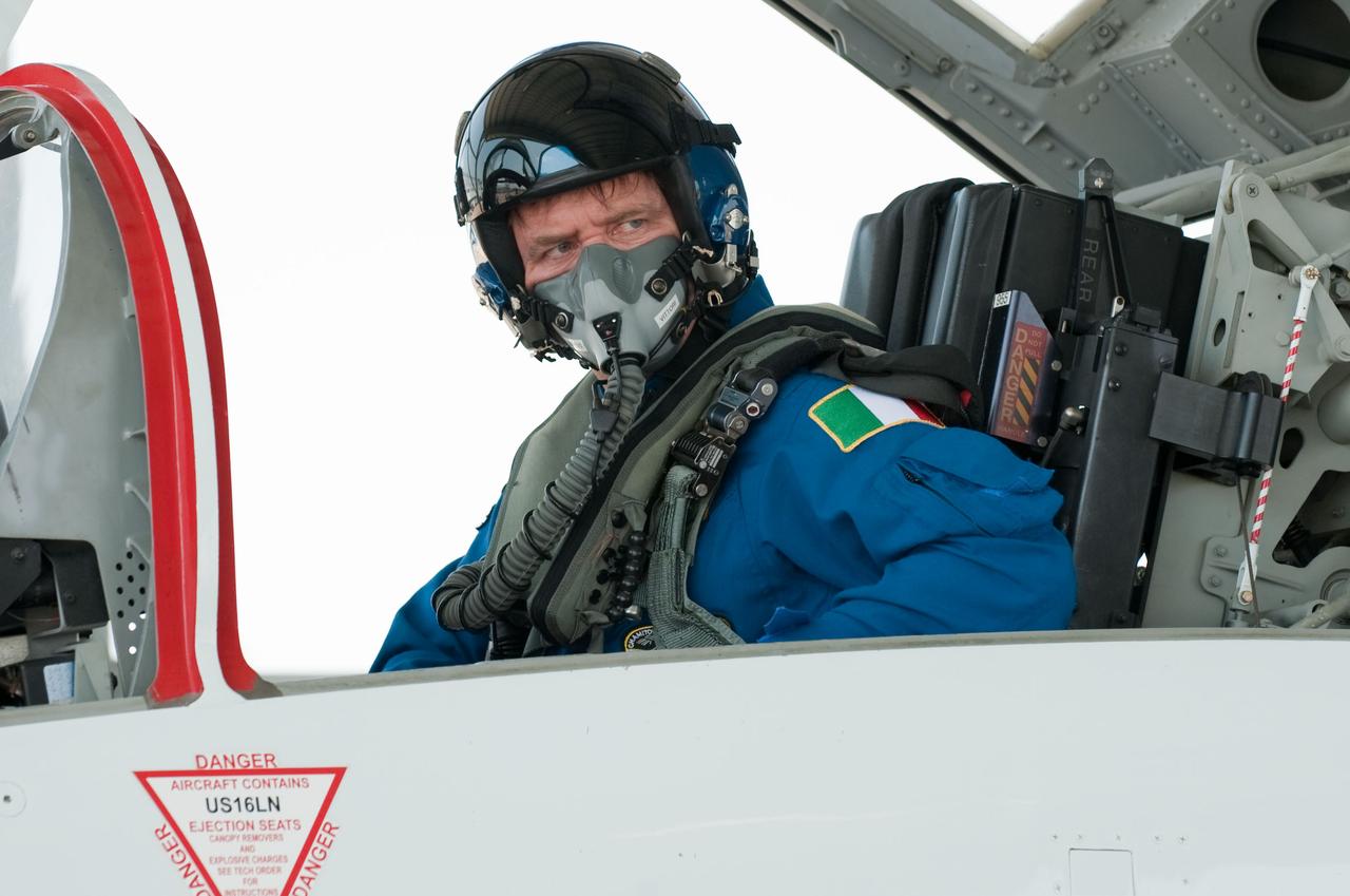 JSC2010-E-119573 (25 Aug. 2010) --- European Space Agency astronaut Roberto Vittori, STS-134 mission specialist, is pictured in the rear station of a NASA T-38 trainer jet prior to a familiarization flight at Ellington Field near NASA's Johnson Space Center. Photo credit: NASA or National Aeronautics and Space Administration