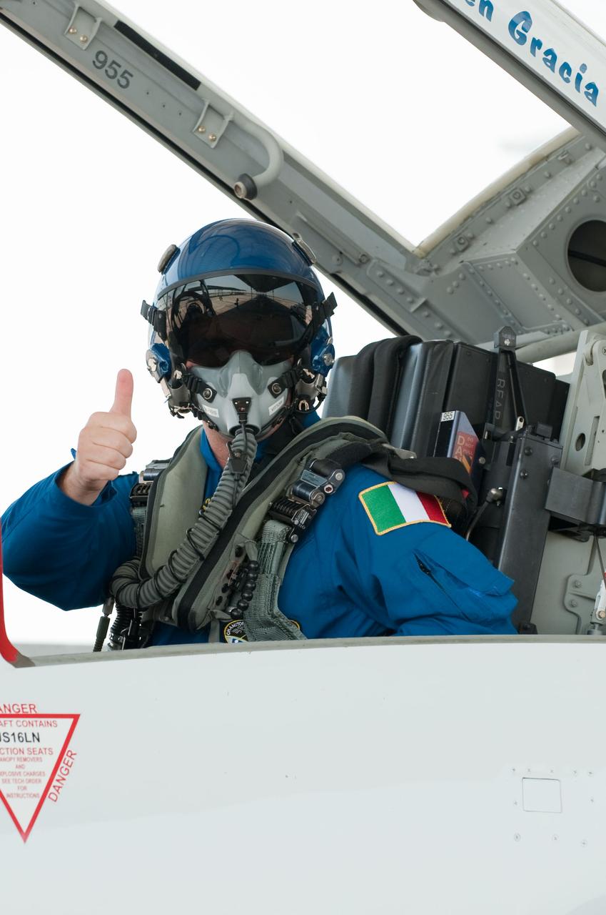 JSC2010-E-119576 (25 Aug. 2010) --- European Space Agency astronaut Roberto Vittori, STS-134 mission specialist, is pictured in the rear station of a NASA T-38 trainer jet prior to a familiarization flight at Ellington Field near NASA's Johnson Space Center. Photo credit: NASA or National Aeronautics and Space Administration