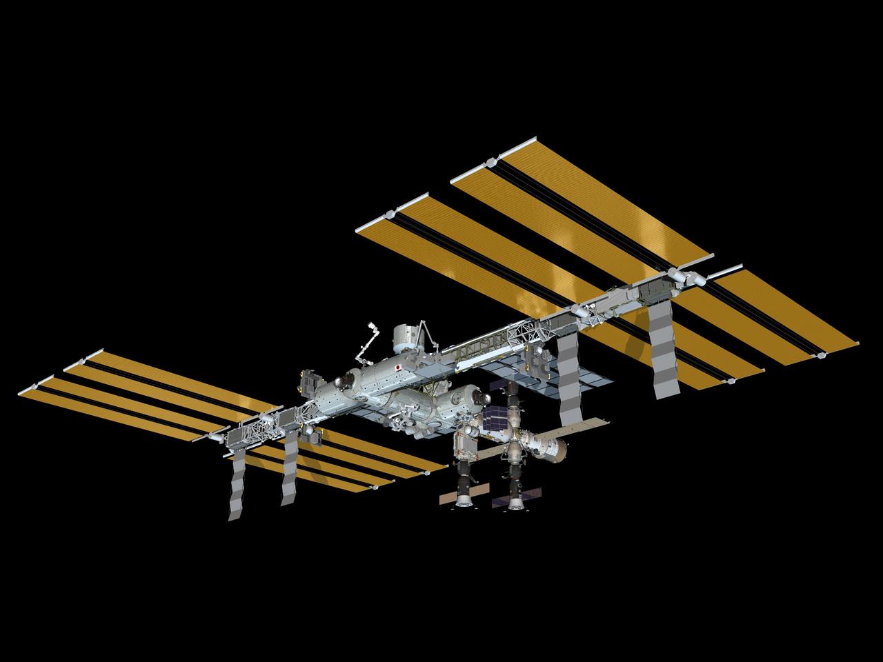 JSC2010-E-120140 (August 2010) --- Computer-generated artist?s rendering of the International Space Station as of Aug. 31, 2010. Progress 38 resupply vehicle undocks from the Zvezda Service Module?s aft port. Soyuz 23 (TMA-19) is attached to the Rassvet Mini-Research Module 1 (MRM1). Progress 37 resupply vehicle is linked to the Pirs Docking Compartment and Soyuz 22 (TMA-18) remains docked to the Poisk Mini-Research Module 2 (MRM2).