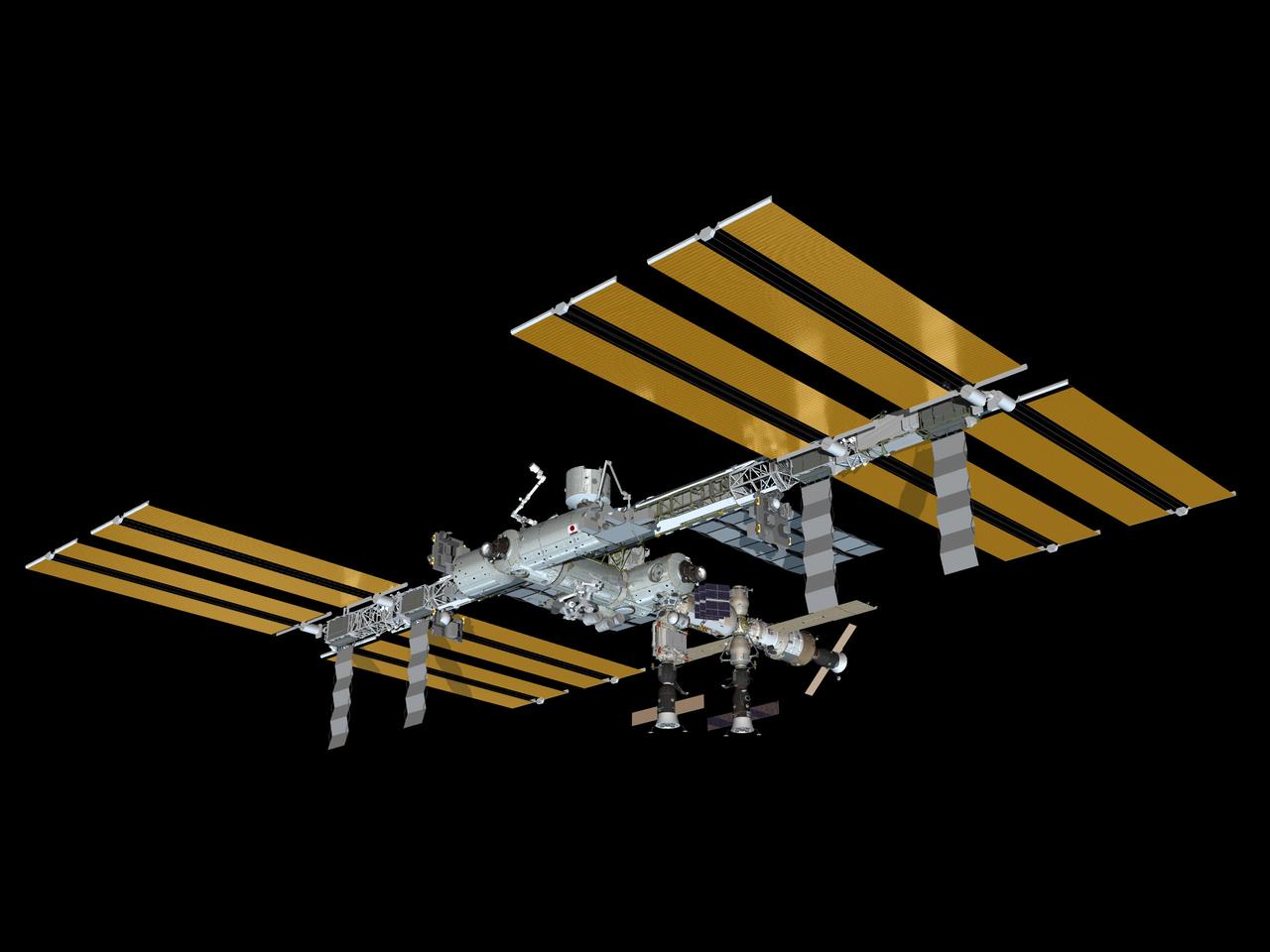 JSC2010-E-120142 (September 2010) --- Computer-generated artist?s rendering of the International Space Station as of Sept. 25, 2010. Soyuz 22 (TMA-18) undocks from the Poisk Mini-Research Module 2 (MRM2) ? returning Expedition 24 crew members (Caldwell Dyson, Skvortsov, Kornienko) to Earth. Progress 39 resupply vehicle is docked to the Zvezda Service Module?s aft port. Soyuz 23 (TMA-19) is attached to the Rassvet Mini-Research Module 1 (MRM1). Progress 37 resupply vehicle remains linked to the Pirs Docking Compartment.